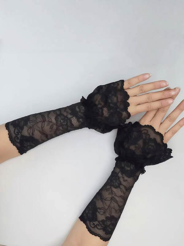 1 par de puños de encaje, de longitud media, delgados, transpirables, elásticos, con adorno de encaje calado, para el verano