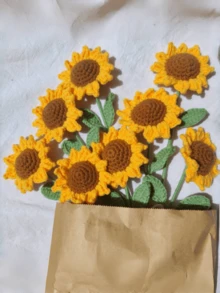 3 pièces Tournesol tricoté artificiel crocheté avec tige, décoration de bouquet de tournesols fait main, décoration de table, cadeau