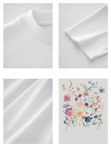 Elegante camiseta con estampado floral para mujer. Camiseta informal de manga corta y cuello redondo con un delicado estampado de flores silvestres. Confeccionada en tela suave y cómoda, perfecta para el día a día y para combinar con looks de moda. - Blanco - Ver 4