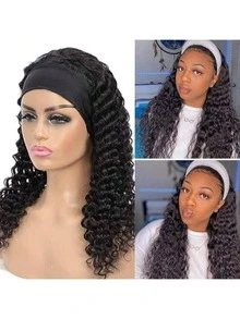 Wet And Wavy Headband Wigs Blended Human Hair Brazilian Virgin Hair Water Wave Headband Synthetic Hair Wigs For Black Women 200% Density Glueless Non Lace Front Wigs Half Wig With Headband Curly Hair Band Wig 18inch - Natural & Black - View 4
