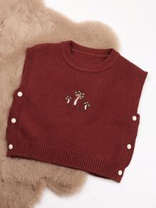 1pc Toddler Girls Oversized Loose Fit Pullover Sweater Vest, Red Mushroom Button Decor, Simple & Cute Knit Cardigan For Girls, Suitable For Spring & Autumn - Burgundy - View 2