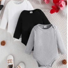 Kit 3Peças Body Manga Longa Bebê Menino e Meninas cores Sólidas Canelado Primavera Toque Leve - Multicolorido - Visão 1