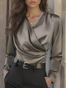 Elegant Women's Blouse, V-Neck Long Sleeve Shirt With Handcrafted Beaded Details And Ruffle Design, Suitable For Formal Business And Professional Occasions, Casual Yet Comfortable Top Choice Spring - Khaki - View 7