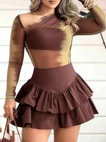 Women's Short Skirt Shorts With Layered Ruffles Suplex Fits Very Well - 鏽棕色 - 查看 4