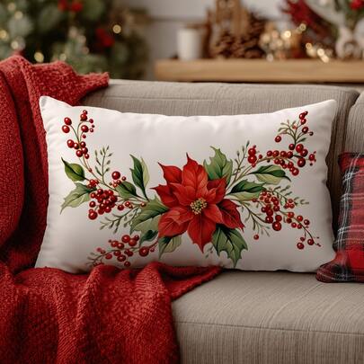 1pc Christmas Minimalist Poinsettia & Holly Decorative Pillow Cover, Single-Sided Soft Peach Velvet Fabric, 12"X20"/16"X24" Cushion Cover For Indoor Decor, Party, Gift