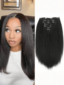 7pcs/Set 16inch Yaki Straight Synthetic Hair Extensions, Voluminous, 14/18/24inch Length, Suitable For Everyday Wear - Black - View 2