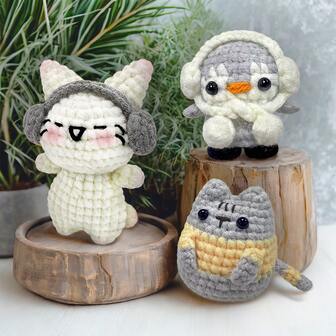 3PCS Cat & Penguin Crochet Material Package,Cute Crochet Stuffed Animal Kit , Birthdays Gift, Crochet Animal Kit For Beginners Include Videos Tutorials,Yarn,Seam Markers,And Instructions(Accessories In Random Color)