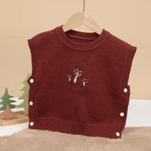 1pc Toddler Girls Oversized Loose Fit Pullover Sweater Vest, Red Mushroom Button Decor, Simple & Cute Knit Cardigan For Girls, Suitable For Spring & Autumn - Burgundy - View 10