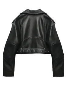 Jaqueta casual de manga comprida, gola pontiaguda, bolso com zíper e cinto, cor sólida, ideal para o inverno. Preta. - Preto - Ver 2