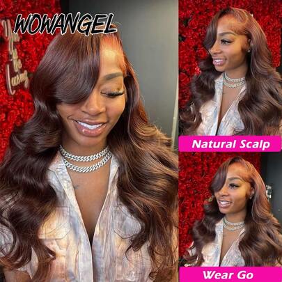 WOWANGEL 13x6 Inches Lace Front Wig, Chocolate Brown Wavy Curly, 100% Brazilian Remy Human Hair, Pre-Plucked Hairline, Ombre #4 Color, Natural Looking Invisible Lace Wig With Baby Hair