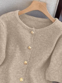 1pc Women's Solid Color Metallic Button Sweater, Casual Round Neck Short Sleeve Cardigan, Versatile Knit Sweater Tops, Fall/Winter Spring - Khaki - View 4