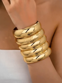 Pack Of 5 Chunky Wheels Bangles Set Hammered Metal Cuff Bracelets Set Women Stacked Bangle Chunky Jewelry - Gold - View 3