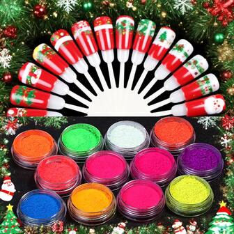 Dofuny 12 Colors Neon Fluorescent Mineral Powder Festive DIY Pigment For Christmas Gel Polish, Holiday Soap Making, Xmas Candle Crafting, Jewelry & Epoxy Resin Decoration