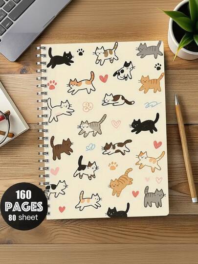5.5x8.5英寸大学标准横格螺旋笔记本，印有可爱猫咪图案，采用优质纸张，适合办公、学习和送礼，是送给朋友、兄弟姐妹、学生和爱猫人士的理想之选，也是开学季的完美礼物。