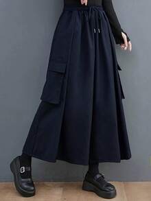 大码女式时尚宽松工装阔腿裤 - 藍色 - 查看 3