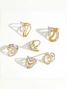 6pcs 18K Gold Plated Stainless Steel Geometric Criss-Cross Design Rings, Party Favor Gifts, Jewelry For Women