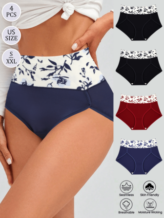 4pcs Women High Waist Floral Print Briefs, Tummy Control & Lift, Comfortable & Skin-Friendly