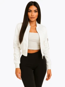 Chamarra Tipo Bomber Tereza Algodón con Bolsillos y Diseño a la Moda, de Uso Diario, Casual, Ligera. - Blanco - Ver 2