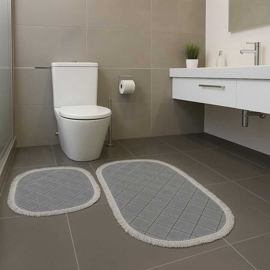 NON SLİP – 2-Pieces Digital Toilet Rug Set – 2 Pieces 60X100 Cm Large, 60X50 Cm Small – Soft Velvet, Non-Slip Sole , Ideal For Bathroom Mat Use. - Creamy White - View 1