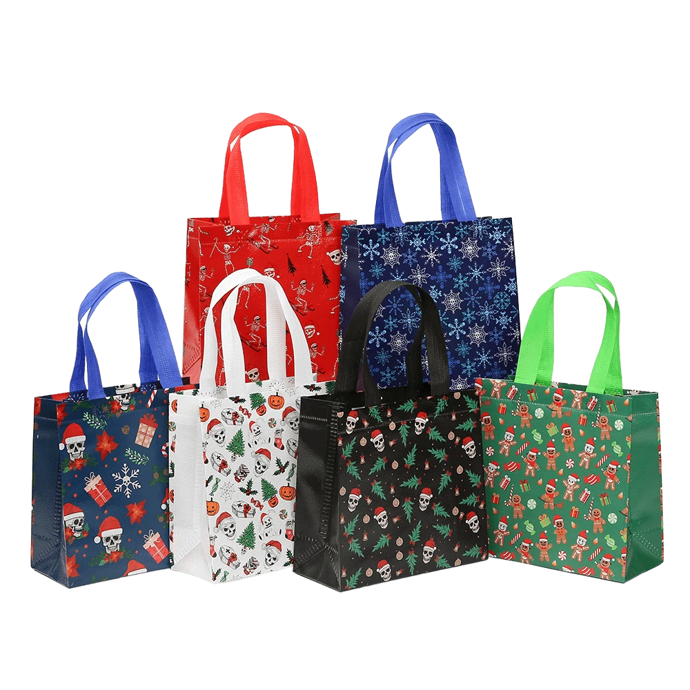 25 个圣诞礼品袋，另类圣诞元素带手柄无纺布礼品袋 - 节日骷髅设计，涤纶，适合生日、周年纪念日和节日礼物交换，圣诞礼品袋 - 彩色 - 查看 1