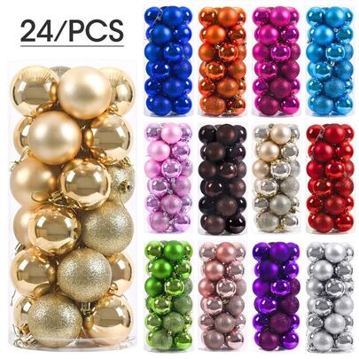 24个3CM/4CM/6CM/8CM。圣诞树装饰球圣诞派对挂球装饰摆件，是家居圣诞装饰礼物。注意：本产品属于手工艺品，可能存在轻微污垢、灰尘、胶印、胶水溢出等痕迹。轻微划痕属于本产品的正常现象，不影响外观或使用注意事项；挂绳随机。