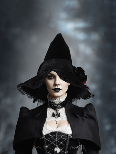1pc Solid Color Polyester Bohemian Halloween Baroque Witch Hat With Mesh Veil & Artificial Flowers Decor, Gothic Queen Witch Hat Accessory, Winter