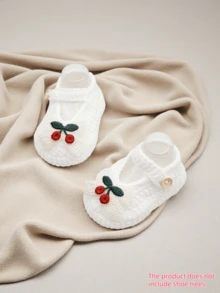 1 Pair Baby Girls' Cherry Mary Jane Ankle Boots, White Knit With Button Strap - Putih - View 1