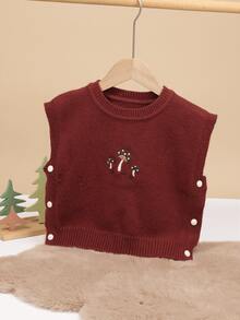1pc Toddler Girls Oversized Loose Fit Pullover Sweater Vest, Red Mushroom Button Decor, Simple & Cute Knit Cardigan For Girls, Suitable For Spring & Autumn - Burgundy - View 1