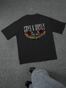 Camiseta gráfica para hombre con estampado estilo Appetite for Destruction de Guns and Roses, camiseta de cuello redondo de manga corta para ropa urbana informal de moda, tela de algodón cómoda, diseño elegante. - Negro - Ver 2