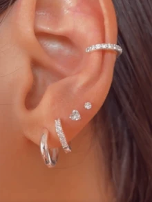 5入組簡約銅製立方鋯石耳環套裝，適用於女性度假、約會、禮物或日常佩戴 - 銀色 - 查看 6