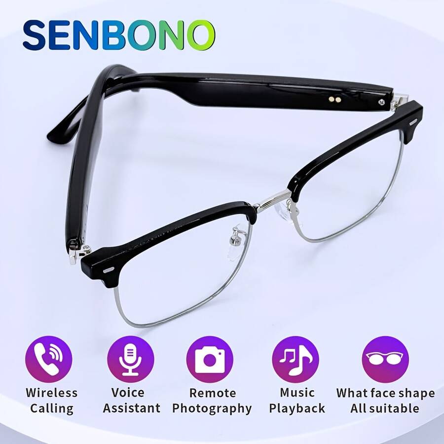 Kính thông minh đa chức năng SENBONO, tích hợp loa, âm thanh nổi 360 độ, hỗ trợ gọi điện không dây, nghe nhạc, trợ lý giọng nói, điều khiển ảnh, phù hợp với nhiều hình dạng khuôn mặt, thiết kế siêu nhẹ, kết nối chỉ trong một giây, dễ sử dụng, món quà lý tưởng. - màu đen - Xem 1
