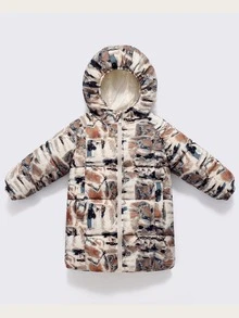 1 pieza Abrigo acolchado con capucha elástica y estampado de grafiti de color block para niña joven, abrigo acolchado de longitud media para niños/niñas, ropa exterior casual con cremallera para niños