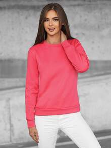 女士纯色圆领长袖休闲套头衫 - 珊瑚粉 - 查看 2