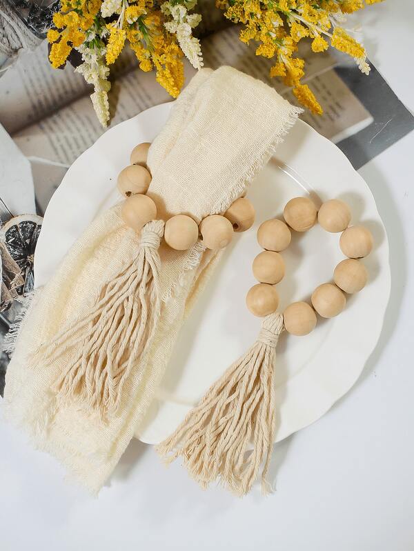 4-100 pièces Anneaux de serviette en corde de jute et perles en bois faits à la main, porte-serviettes bohèmes, anneaux de serviette de Pâques en perles de bois de style ferme, convient pour mariage, dîner, décoration de table à manger