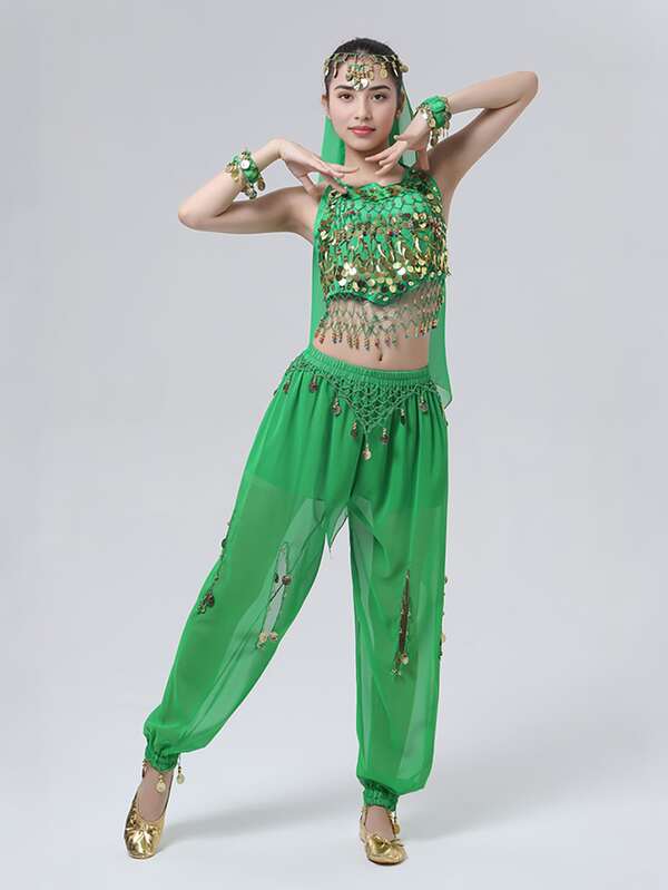 Women's Belly Dance Costume Set Sequin Top With Harem Pants Short Arabic Halloween Dance Costume