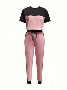 2pcs/Set Casual Patchwork Color Block Short Sleeve T-Shirt And Long Pants Outfit - Pink - View 3
