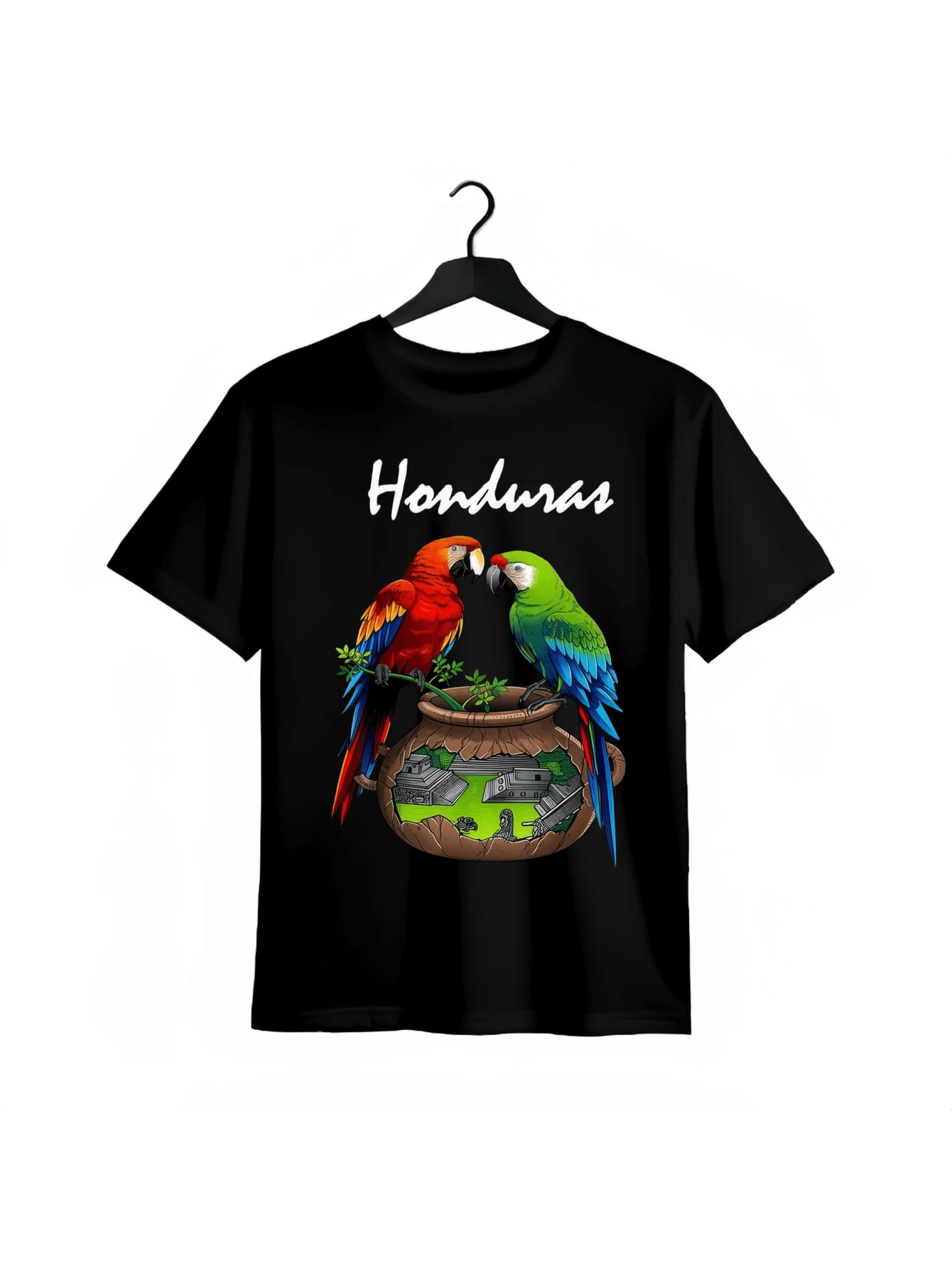 Bold 'Honduras' Parrots T-Shirt – A Nod To Central American Traditions - Black - View 1