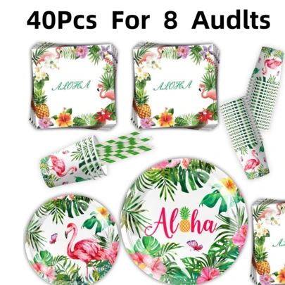 40pcs Hawaiian Flamingo Birthday Theme Disposable Tableware,Happy Birthday Dinner Tableware,Including 7/9inch Paper Plates Cups Napkin,Tropical Floral Flamingo Pattern,Birthday Party Decor,Hawaii Party Supplies,Aloha Luau Hawaii Decor,Summer Party Decor