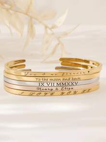 Customized 18K Gold Engraved Text Bracelet, Roman Numeral, Name Or Information Bracelet, Gold-Plated, Rose Gold, Silver, Fashionable Stacking Accessory, Multi-Color/Gold Options, Open Design, Adjustable Size, Fits All, Multifunctional Bracelet Accessory, Gift For Mom/Girlfriend/Classmate/Family/Friend