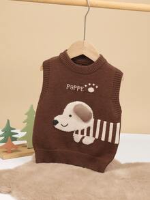 1pc Baby Boy Sweater/Baby Girl Vest Pullover, Puppy Floral Pattern, Cute Knit Sweater For Toddler Girls, Suitable For Spring & Autumn - Chocolate Brown - View 1