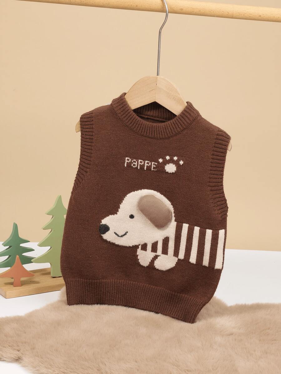 1pc Baby Boy Sweater/Baby Girl Vest Pullover, Puppy Floral Pattern, Cute Knit Sweater For Toddler Girls, Suitable For Spring & Autumn - Chocolate Brown - View 1