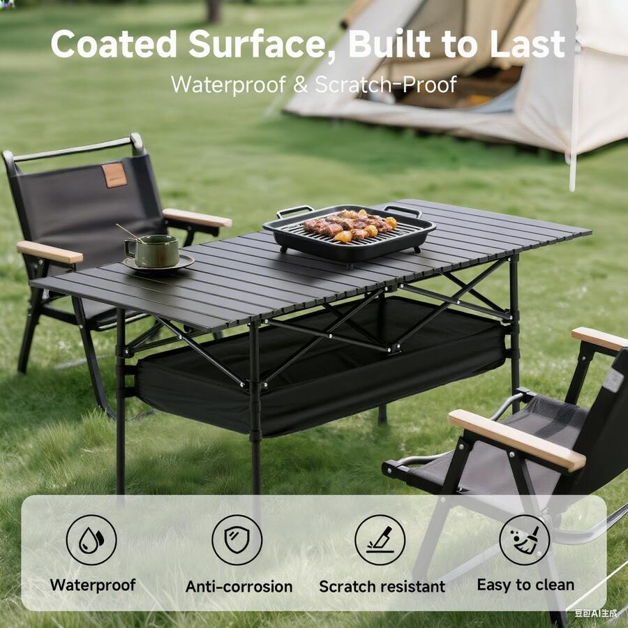 LOVEWE Camping Table Folding Camp Table Roll Up Surface Lightweight, Collapsible Height Adjustable Suitable For Picnic Adults With Carry Bag For Indoor Outdoor BBQ Picnic Gathering Patio - Bàn gấp ngoài trời 95cm - Màu đen - Xem 1