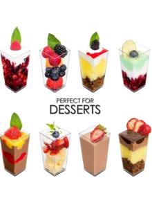 10/20/30个装 3盎司迷你甜点杯（不含勺子），方形甜点杯 - 塑料高直筒慕斯杯、纸杯蛋糕杯、餐饮杯和沙拉杯，小型可重复使用碗，用于盛放派对甜点和开胃菜