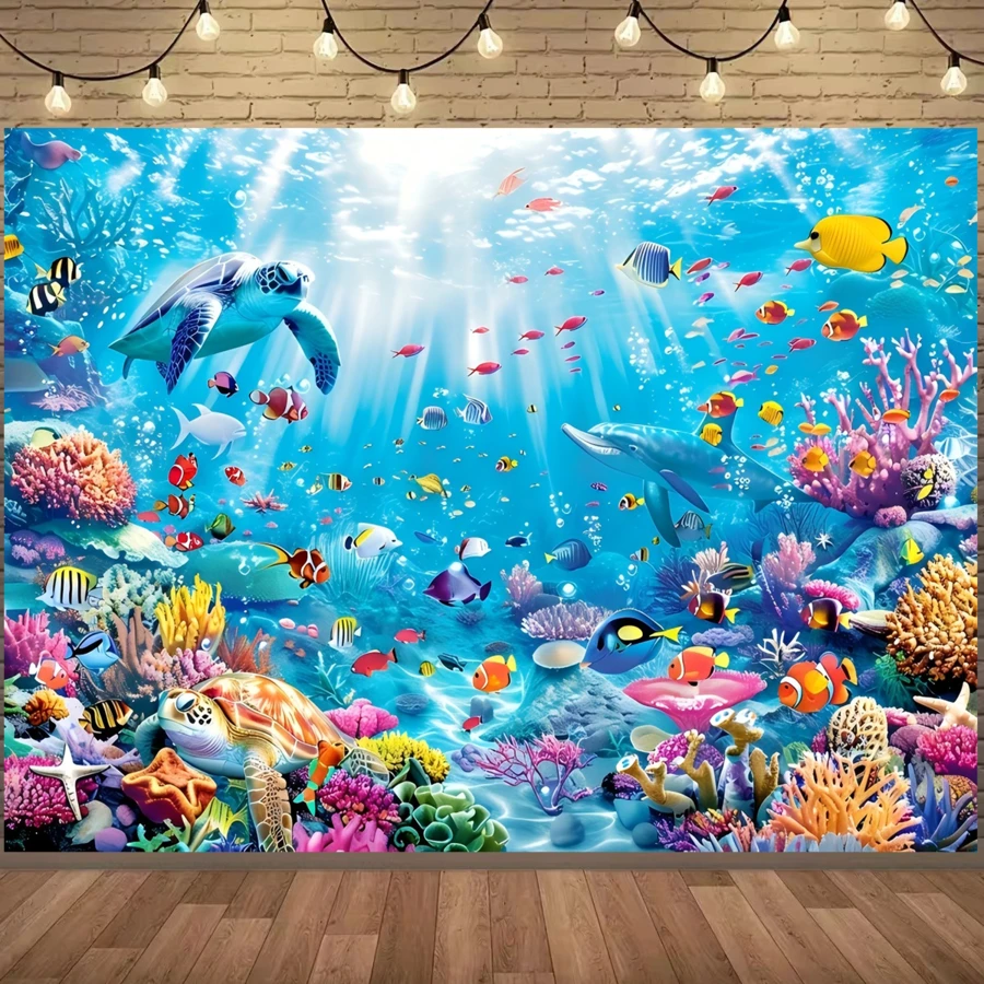 1 pièce Toile de fond pour photographie sous-marine - Motifs de tortue, de poisson et de corail - Bannière polyester multifonctionnelle, convient pour les fêtes d'anniversaire, la décoration de table de gâteau et les événements d'été