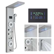Sistema de ducha LED Panel de ducha de lluvia negra Sistema de torre Sistema de cabezal de ducha de cascada montado en la pared 5 funciones Columna de ducha de masaje con ducha de mano - Níquel cepillado - Ver 9