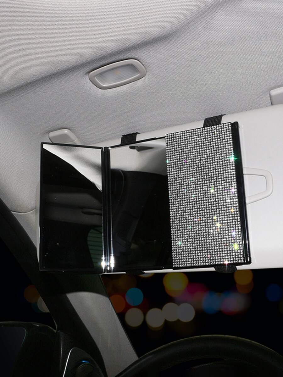 1 Stück Auto Make-up Spiegel, Auto Dekoration, Auto Zubehör, Auto Essentials, glänzende Strass Dekoration, faltbarer ultradünner Make-up Spiegel, Sonnenblende Dekoration und modischer Auto Make-up Spiegel, das perfekte Geschenk für Mädchen