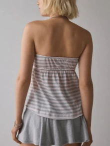 Women Y2k Striped Flowy Tube Tops Strapless Ruffle Hem Babydoll Bandeau Top Summer Button Down Backless Aesthetic Peplum Camisole Teen Girl Casual Going Out Streetwear - 淺灰紫 - 查看 2