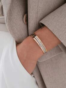 Customized 18K Gold Engraved Text Bracelet, Roman Numeral, Name Or Information Bracelet, Gold-Plated, Rose Gold, Silver, Fashionable Stacking Accessory, Multi-Color/Gold Options, Open Design, Adjustable Size, Fits All, Multifunctional Bracelet Accessory, Gift For Mom/Girlfriend/Classmate/Family/Friend