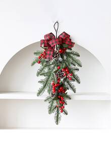 Decorațiune artificială de Crăciun: Ornament suspendat din ace de pin de 49,6 cm, cu fructe de pădure roșii, conuri de pin și fundă roșie - neagră în carouri, pentru scene de festival/camere/acasă/birou/decorațiuni de Crăciun pentru petreceri tematice