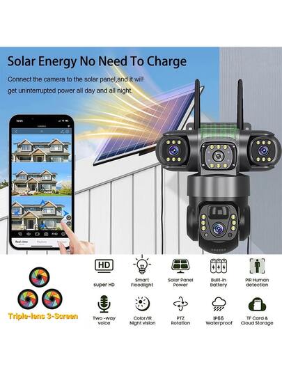 V380Pro Wireless Remote Camera, 2.4GHz WiFi Outdoor Solar Powered Surveillance 360° No Dead Angle View, 15MP HD, Dual Way Audio, Motion Tracking, Alarm Push, Outdoor, Sports Field, Ranch, Garden Other Monitoring, Built In Battery Pack, Panel Year Round Uninterrupted Operation view 5
